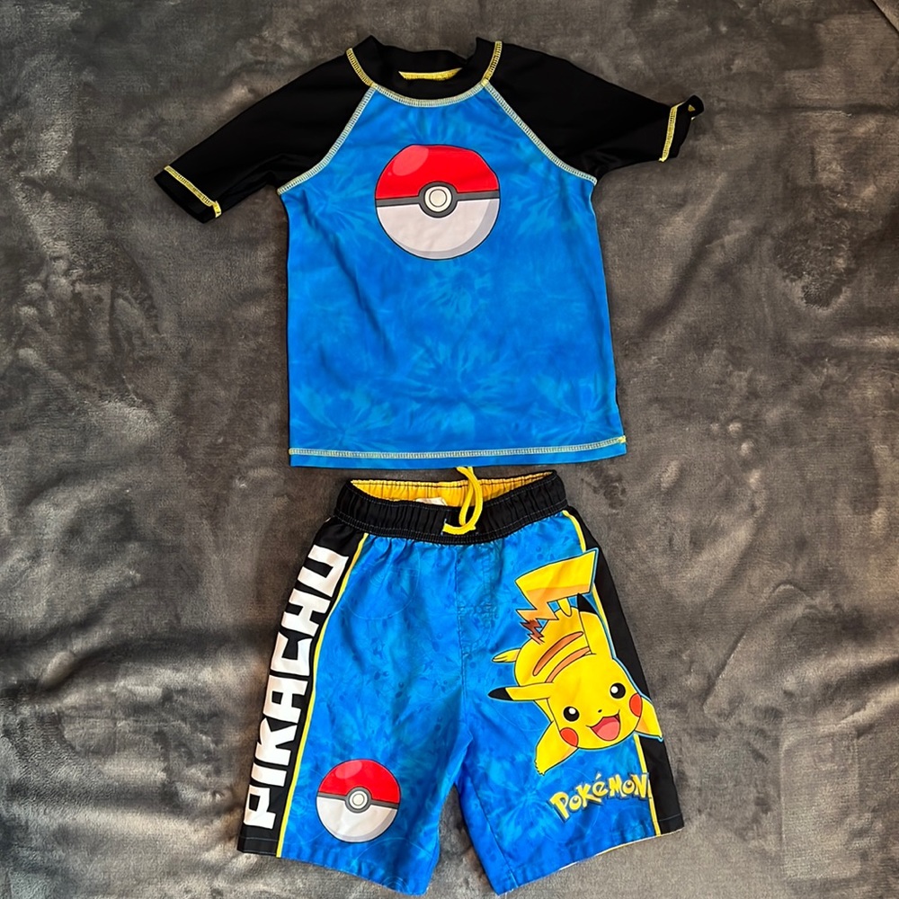 Pokémon Pikachu swim shorts and rash guard size 5 / 6 blue black set / lot EUC